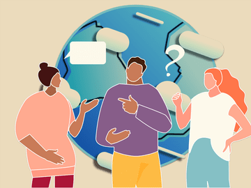 illustration of three people talking with the earth behind them