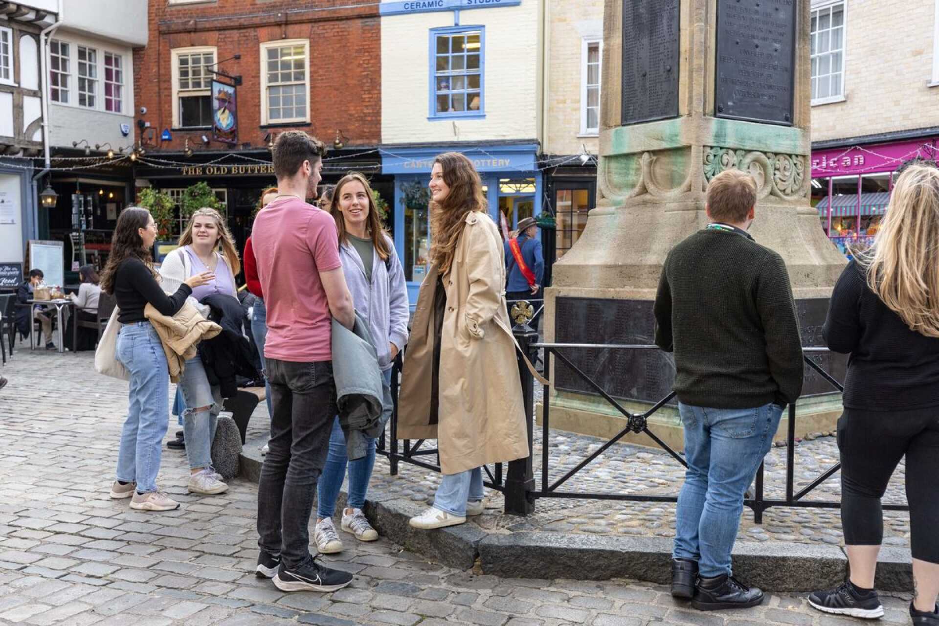 Students outside Canterbury Cathedral.