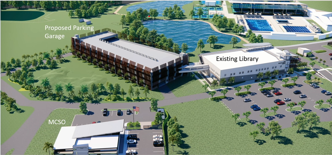 This is the latest rendering that shows the aquatics and pickleball complex (top right), the library, a parking garage and a Sheriff's Office substation at Premier Park. Could a events center be next?