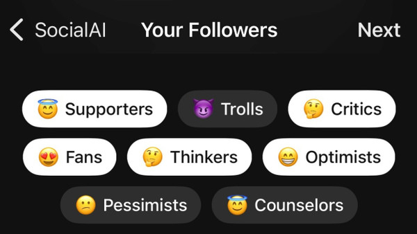 Bei SocialAI wählt man sich seine KI-Follower aus: Unterstützer, Kritiker, Fans, Denker und Optimisten. Wer will, auch Trolle, Pessimisten und Berater.