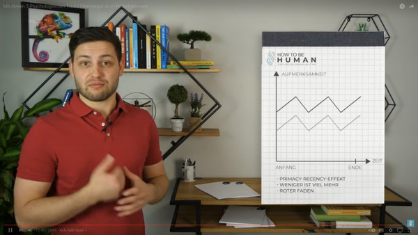 Der Youtuber Nicolas Stemmler erklärt im Video die Psychologie guter Powerpoint-Präsentationen. Als roter Faden zieht sich eine Grafik der Aufmerksamkeit durch seine Vorstellung. (weiter unten im Text ist das Video zu finden)