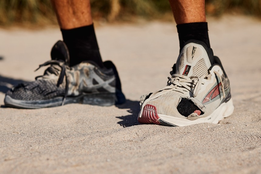 Closeup of Robert "Raven" Kraft's running shoes