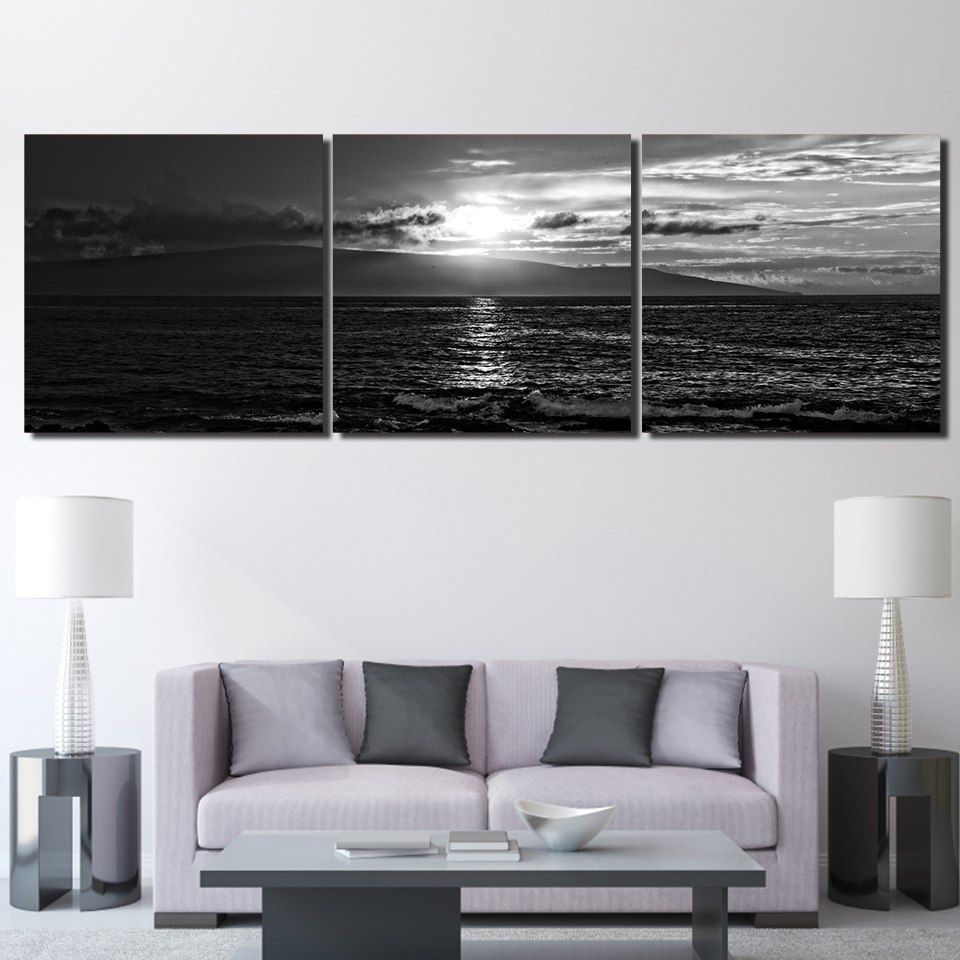 3 Pieces Seascape Sunset Black White Wall Art Canvas Pictures For Throughout White Wall Art (View 16 of 20)