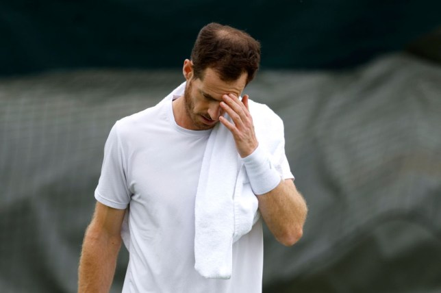 Andy Murray of Great Britain reacts during practice at Wimbledon 2024