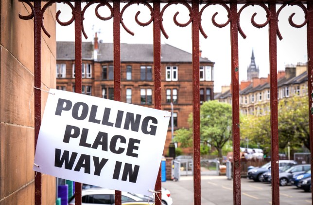 A picture of a polling station and sign in Glasgow.