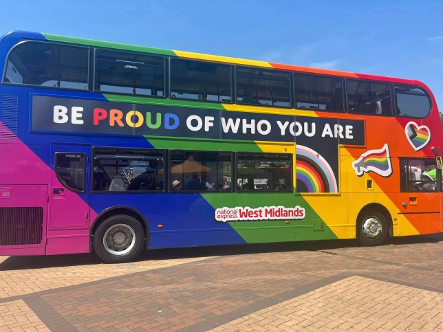 National Express Pride flag bus in Birmingham. 