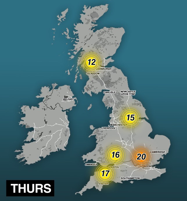 Map showing UK temperatures today