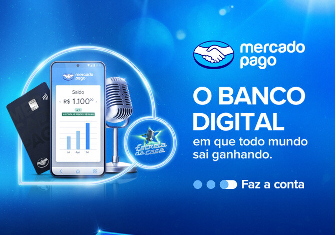 Imagem ilustrativa da Campanha Mercado Pago Estrela da Casa com um celular mostrando a Conta Mercado Pago, um Cartão Mercado Pago e um microfone. Na imagem, é possível ler a frase: “O banco digital em que todo mundo sai ganhando. Faz a conta.”