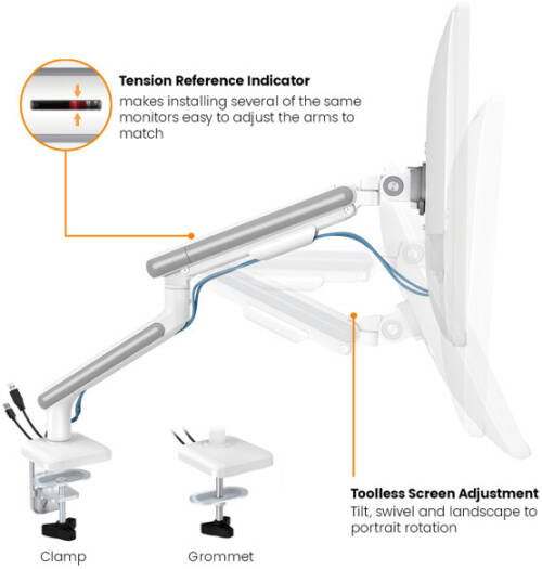 Newstar 91-LDT68C012 NEO Slim Mechanical Spring Monitor Arm, Fits 17" to 32" Monitor, Up to 9kg Max Weight Capacity, 75x75 & 100x100 VESA, 180° Rotation Stop, Cable Management, White | 91-LDT68C012