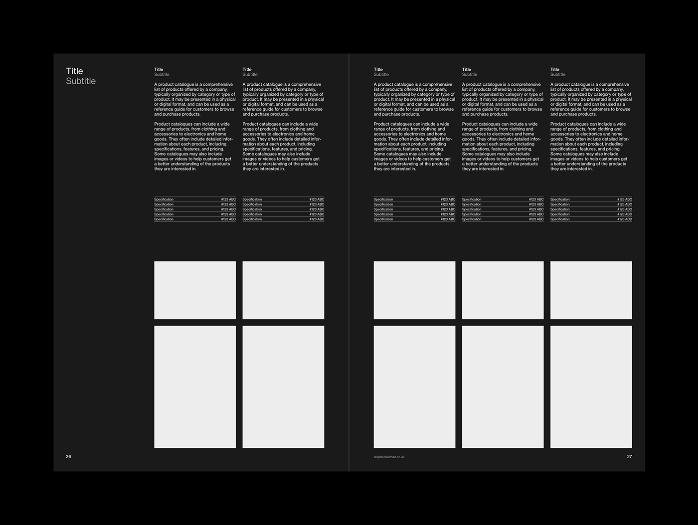 Product Catalogue Brochure A4 Grid System for InDesign | Page for Three Products – Black Background