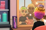 Tara Wylde and Eury the stylist enjoy the new Rainbow Rave hair style in the hairdresser shop mirror.