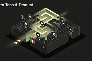 A dark grey illustration depicting a labyrinth. 2 yellow arrows point to the entrance and the path through is highlighted in yellow. To the right of the entrance we see an Italian flag, and there are several markers that hover above the mazes to indicate locations and different aspects of the Qonto product, for example a building icon, an exclamation point, a chat bubble, etc.