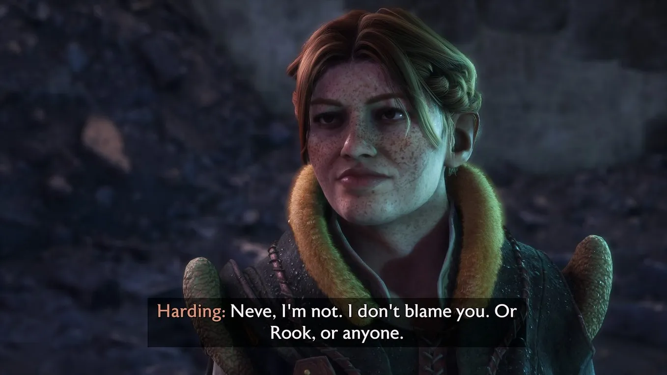 Lace Harding, a character from Dragon Age: The Veilgaurd, stands near the game camera in a close-up dialogue sequence.