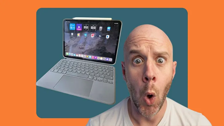 Mark Ellis looking shocked in front of a Logitech Combo Touch Keypad connected to an iPad.