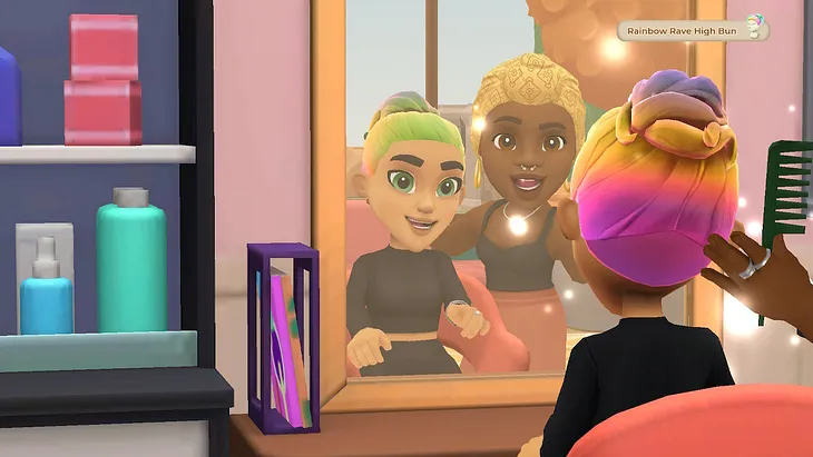 Tara Wylde and Eury the stylist enjoy the new Rainbow Rave hair style in the hairdresser shop mirror.