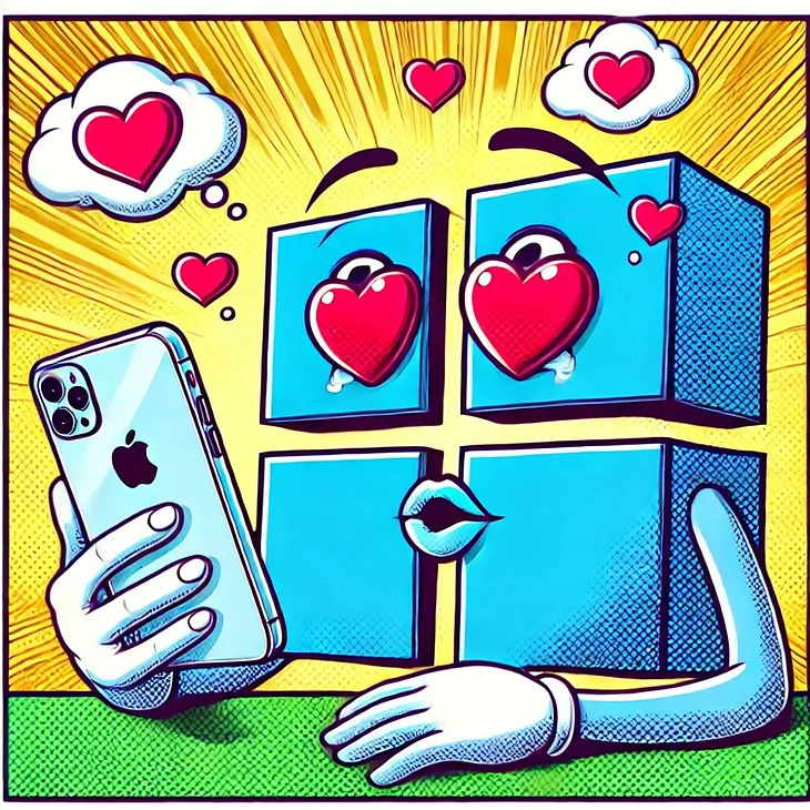 IMAGE: A comic-style illustration of the Microsoft four squares logo in love with an iPhone