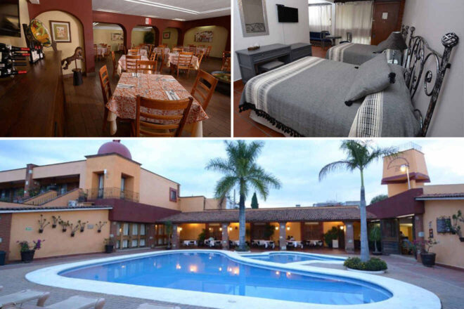 Collage of a hotel: dining area with tables and chairs, a hotel room with two beds, and an outdoor pool surrounded by buildings and palm trees.