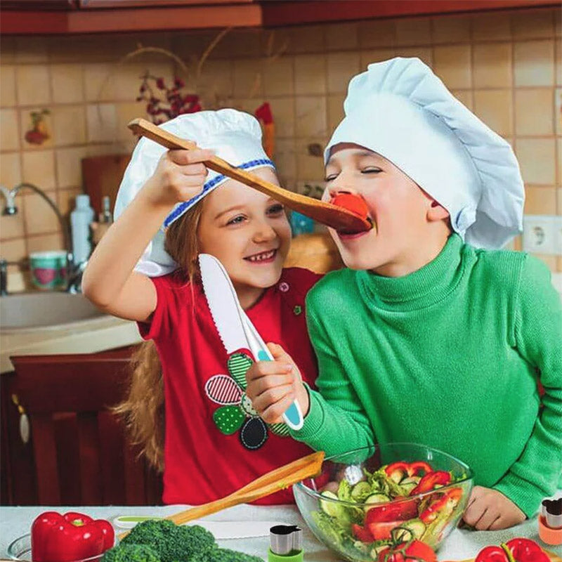 Brother and sister making a salad with Montessori Cooking Tools. 