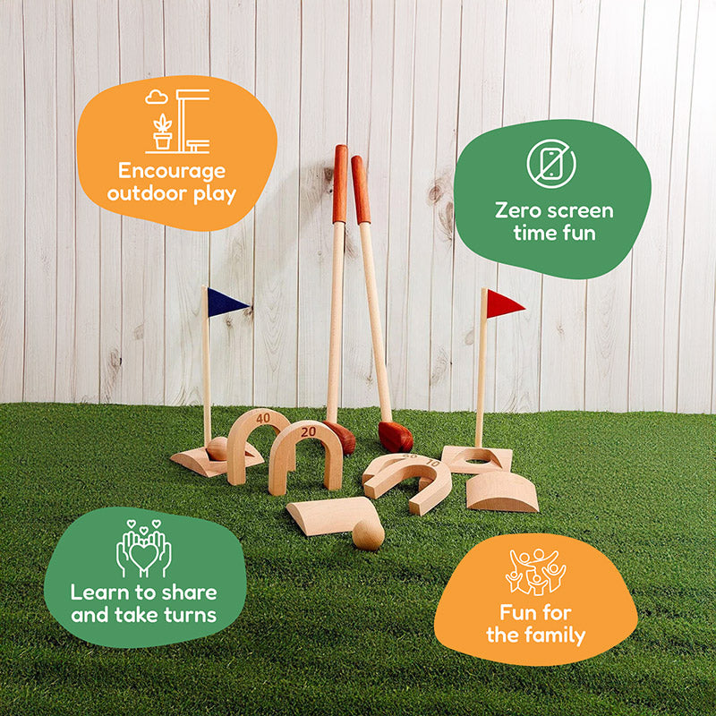 Montessori Golf Set that encourages outdoor play, provides zero screen time, and is a fun activity for the whole family. 