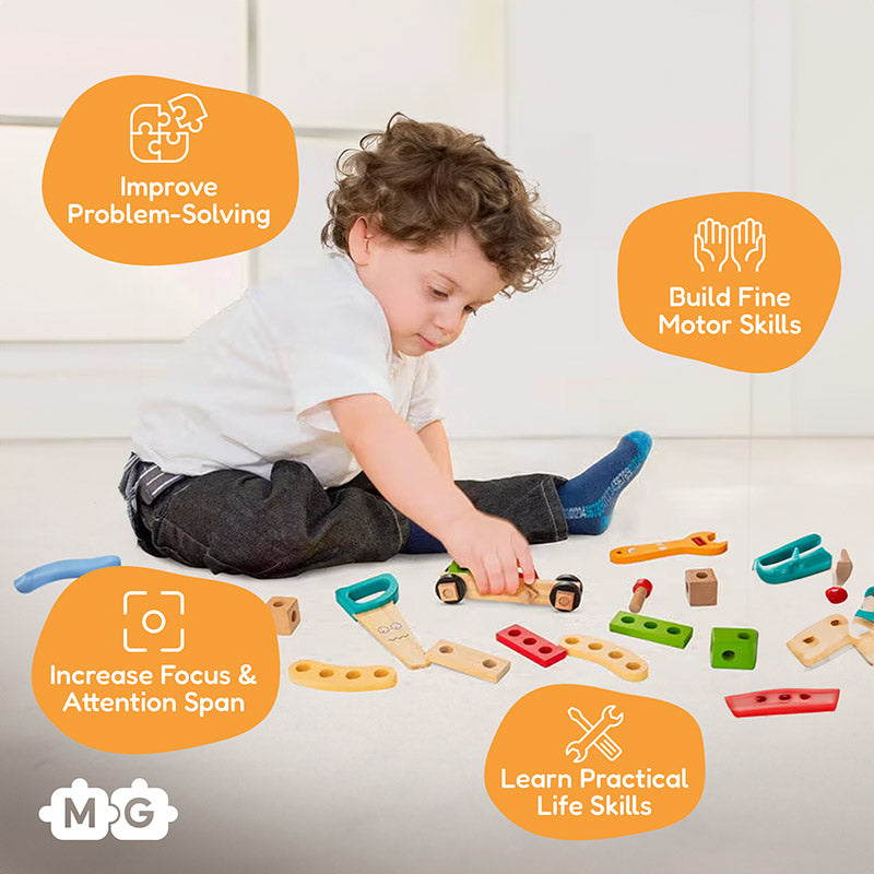 Infographic showing a boy playing with the Montessori Wooden Toolbox, and blobs with text that explain benefits of the toy.