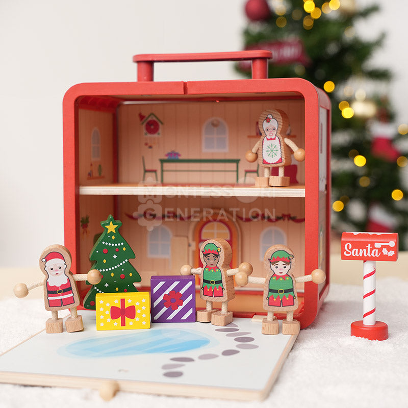 Santa, Mrs. Claus, elfs, and other wooden festive figurines placed in a Montessori Santa's Workshop toy box.