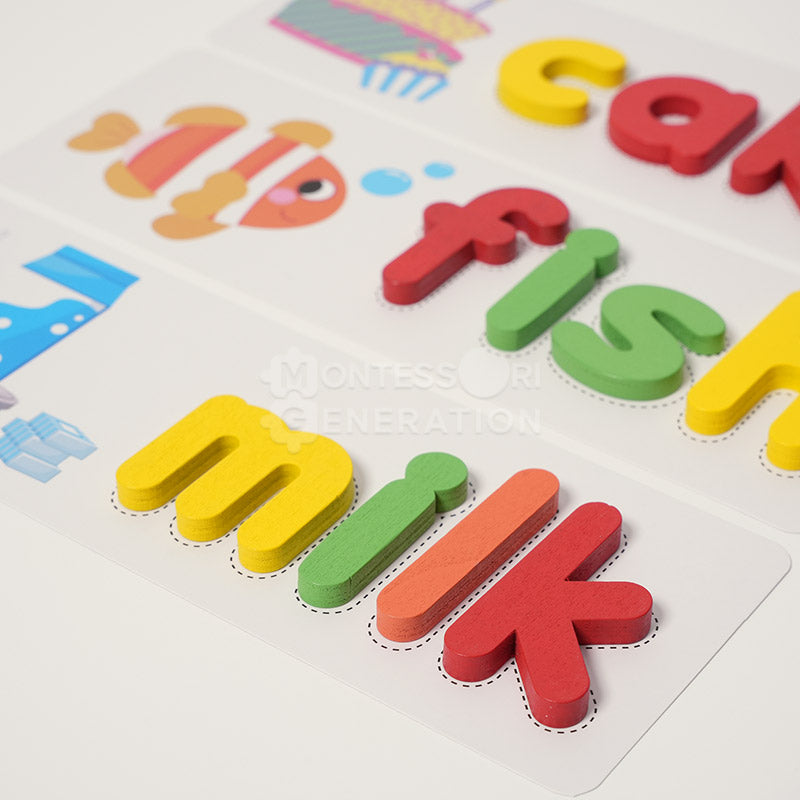 Close up on colorful wooden letters that spell 