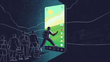 Illustration of a line of Senegalese men standing in front of a brightly lit iPhone; the man at the front is stepping into the phone's vibrant landscape, creating a striking contrast with the darker surroundings