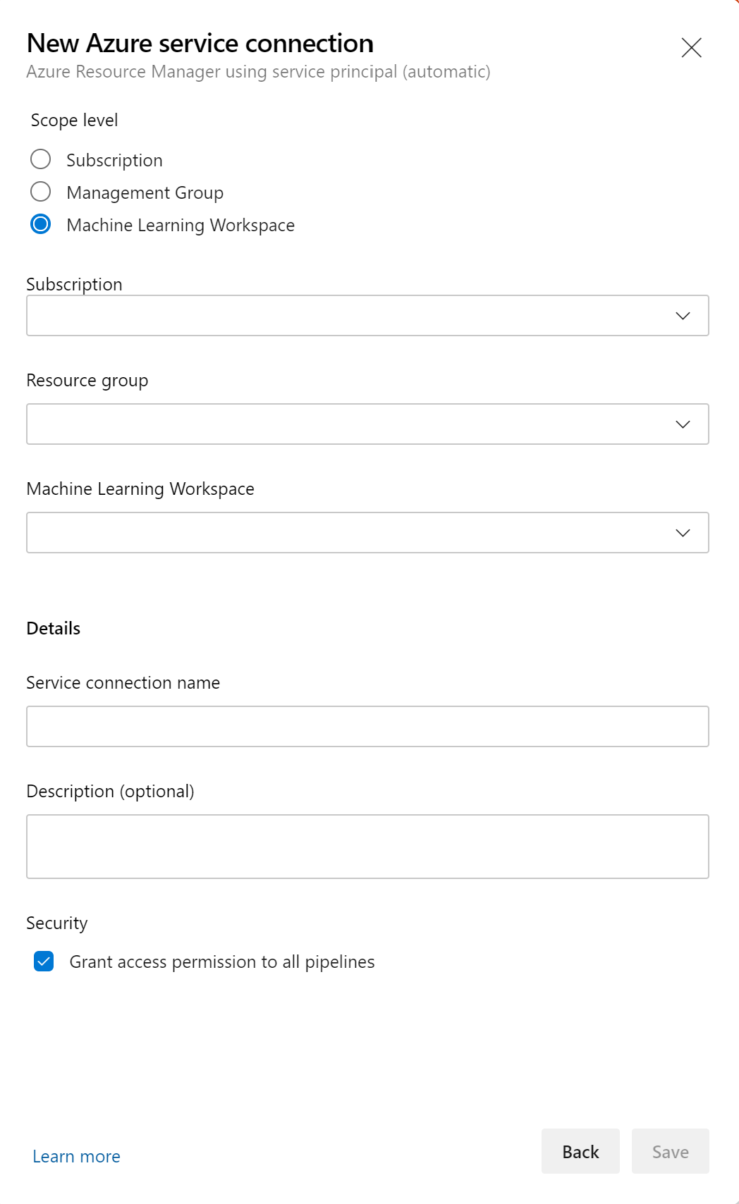 Select AzureMLWorkspace for the scope level