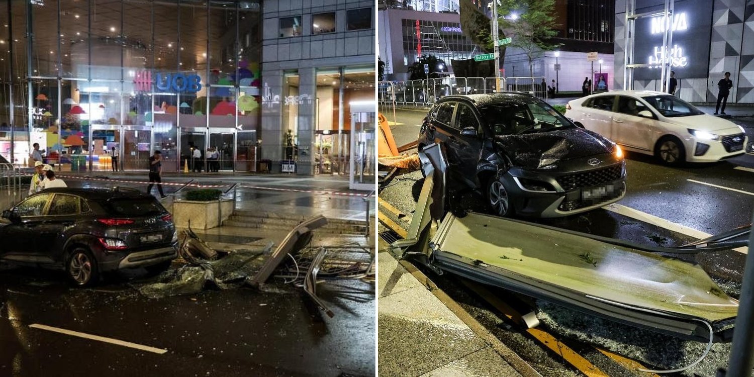 Broken glass & metal debris fall on 4 cars in Raffles Place after storm, 2 people sent to hospital