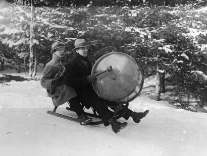 Sledding with a bass drum and horn