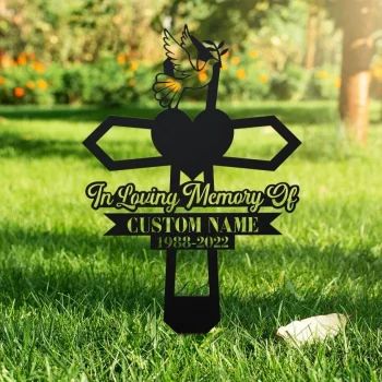 Personalized Dove Heart Memorial Cross, Memorial Garden Stakes, Metal Yard Sign, Grave Marker Cemetery, Dad Memorial Gift, Mom Memorial Gift