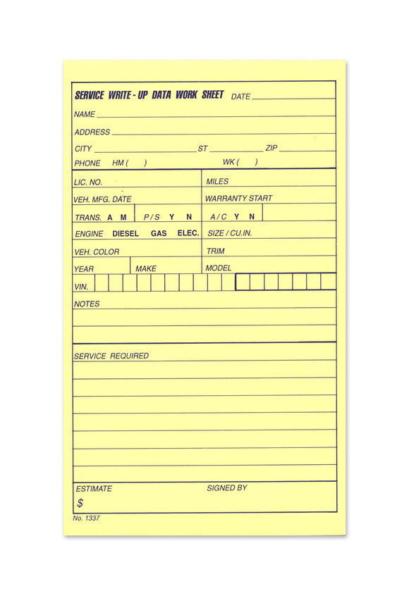 Service Write-Up Data Sheets - 5 Pads