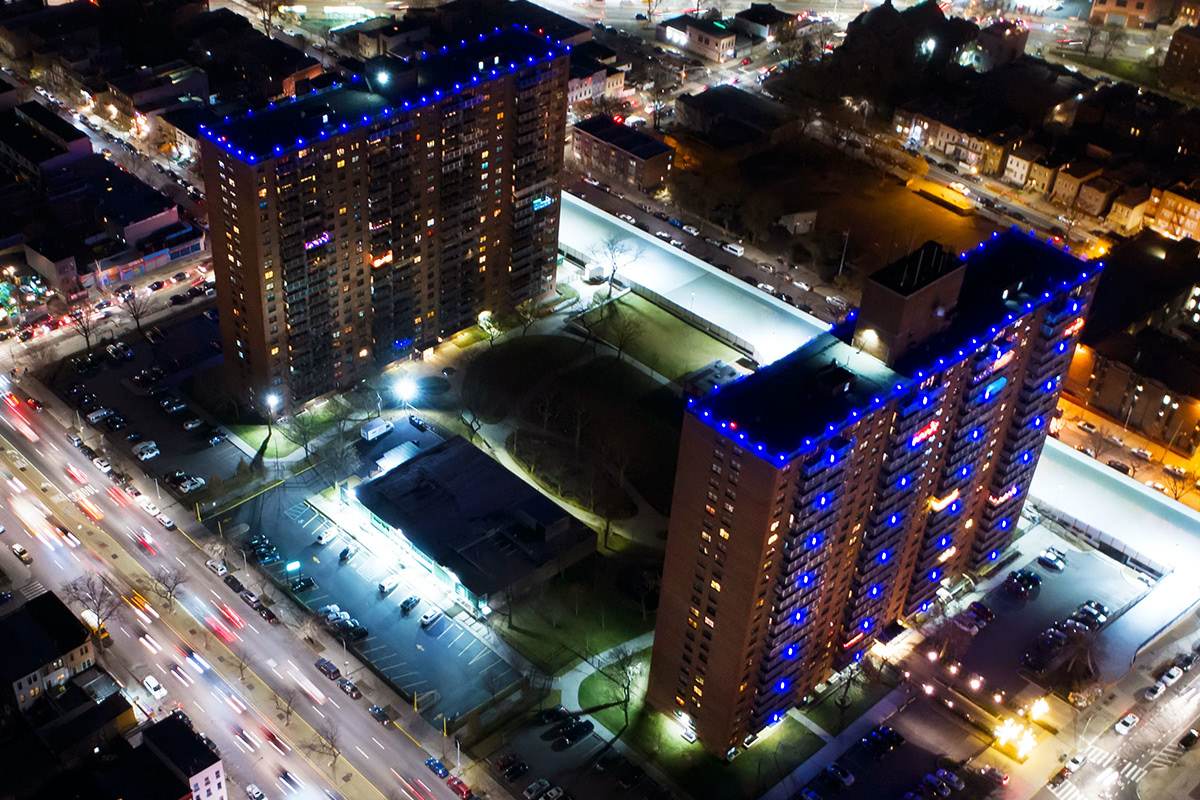 Atlantic Plaza Towers as seen at night from the sky