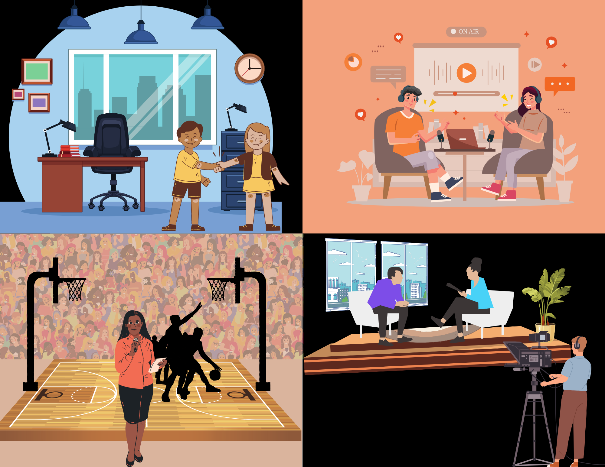 4 animated images of people shaking hands, hanging out, a broadcaster reporting on a basketball game and a person conducting an interview