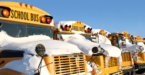 School buses covered by snow.