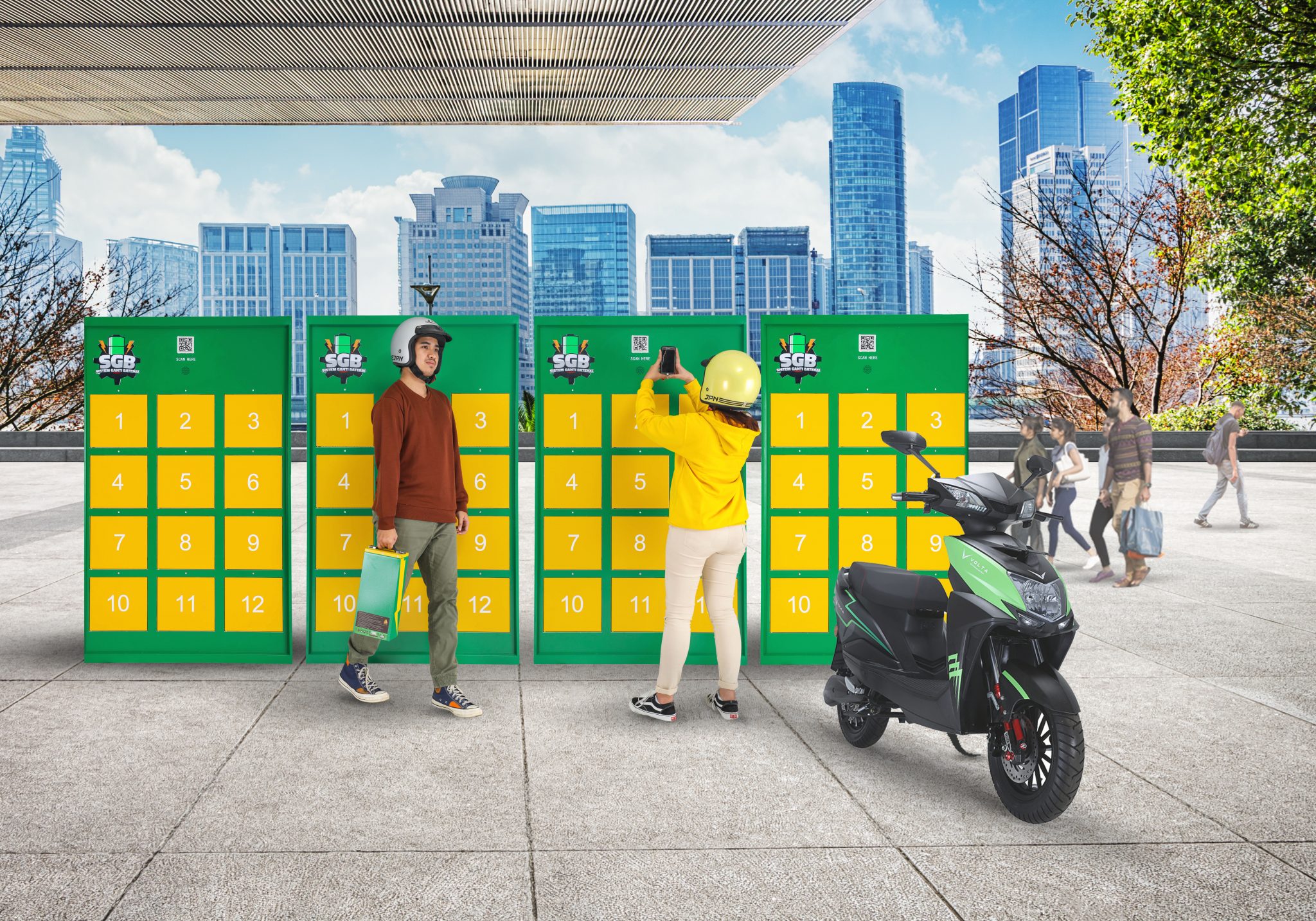 Two people wearing helmets standing next to lockers with scooter parked on the side