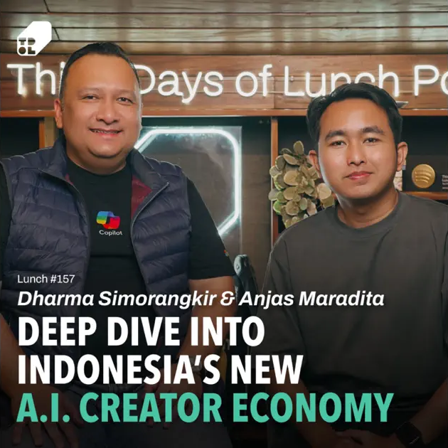 A YouTube thumbnail showcasing a podcast episode title "Deep Dive into Indonesia's New AI Creator Economy" featuring two speakers behind the text