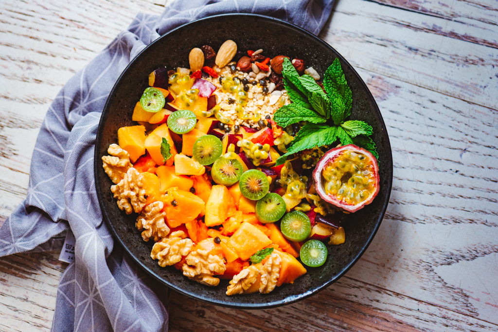 A bowl of food sits on a table