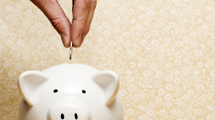 A person places a coin in a piggybank