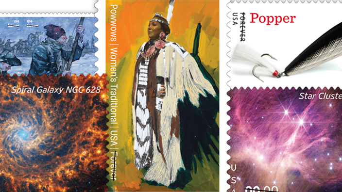 The Postal Service’s stamp releases include, clockwise from left, Battlefields of the American Revolution, Powwows, Freshwater Fishing Lures, Star Cluster and Spiral Galaxy.