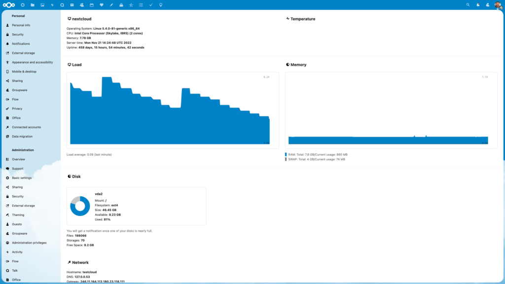 Nextcloud admin area overview - Monitoring and auditing