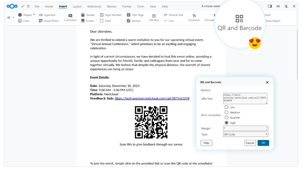 Nextcloud Office - Write QR code generation