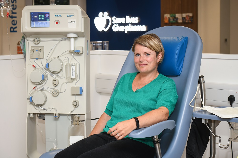 Plasma donor in donation chair before donating plasma