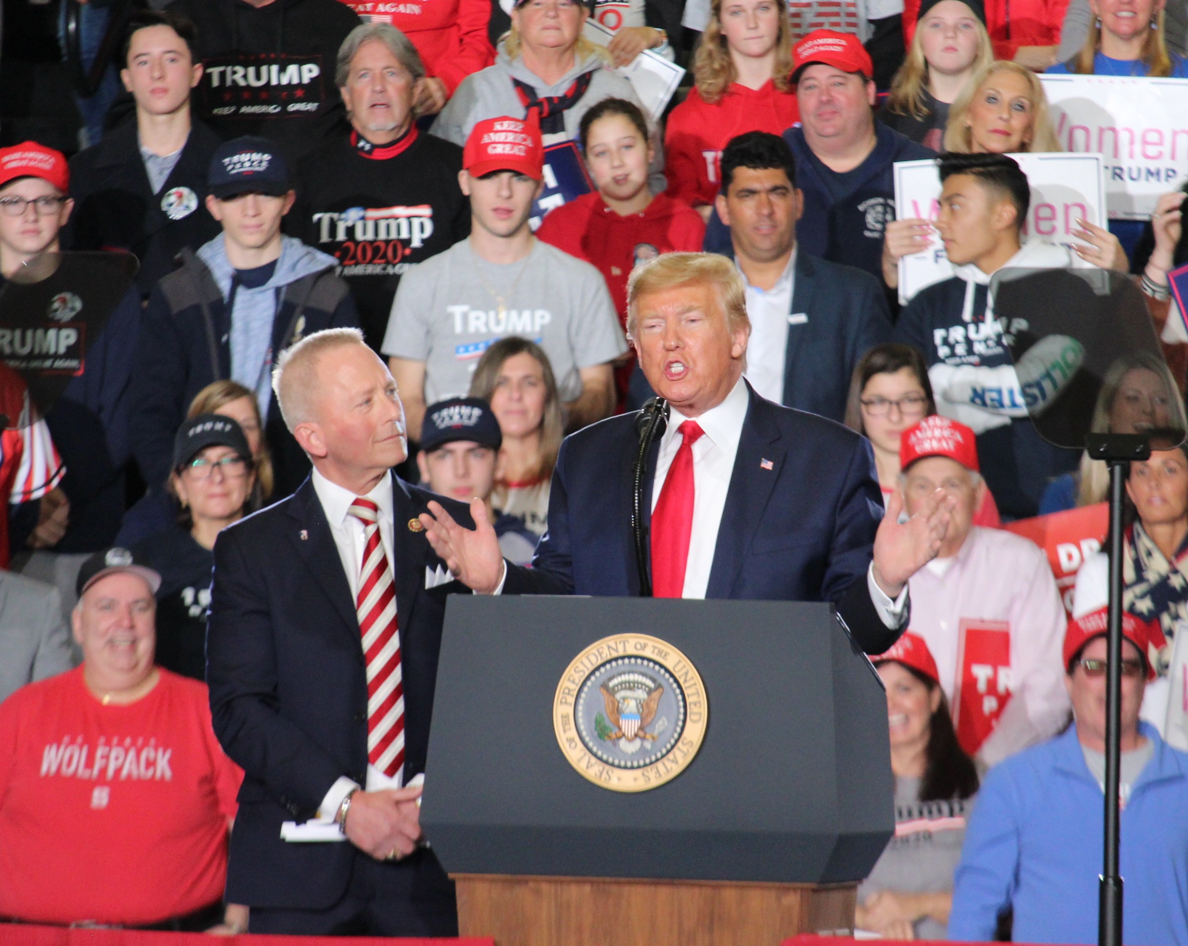 U.S. Rep. Jeff Van Drew watches on as President Donald Trump speaks during a rally in Wildwood on Jan. 28, 2020. - DANIEL J. MUNOZ