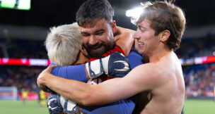 Daniel Edelman (from Warren), John Tolkin (from Chatham) and goalkeeper Carlos Coronel celebrate the New York Red Bulls defeat of Columbus Crew on Nov. 3, 2024, which sent the team to the Eastern Conference Semifinals in the MLS Cup Playoffs.