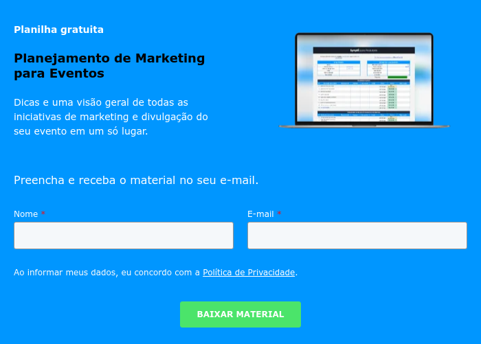 Planilha gratuita Planejamento de Marketing para Eventos Dicas e uma visão geral de todas as iniciativas de marketing e divulgação do seu evento em um só lugar.