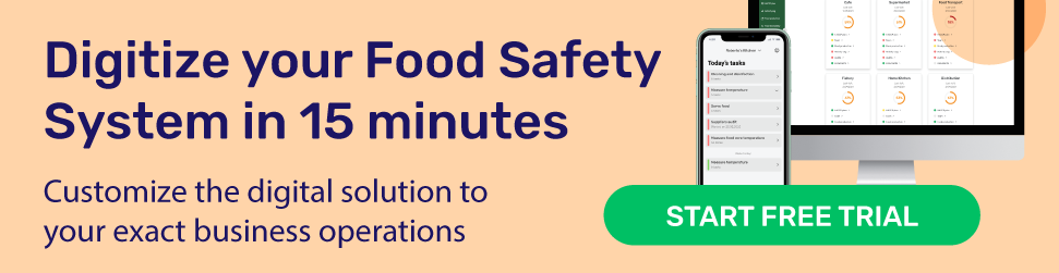 Banner that reads Digitize your Food Safety System in 15 minutes, customize the digital solution to your exact business operations, start a free trial.