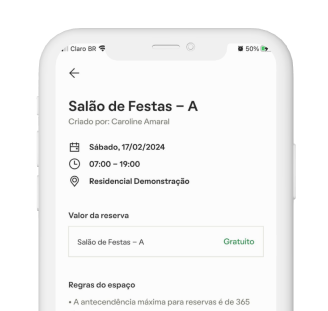 celular exibindo imagem de reserva do salão de festas