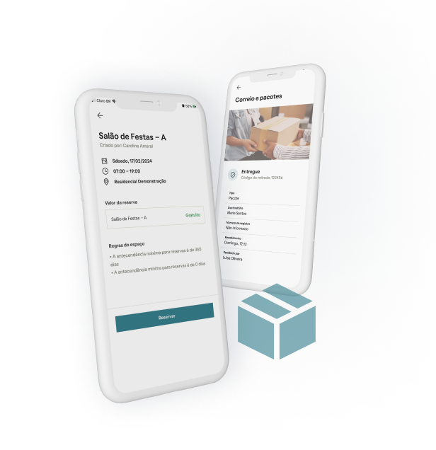 1 celular exibindo a tela de reserva de espaços da Nok Nox e outro exibindo a tela de entrega de encomendas do aplicativo para condomínios Nok Nox