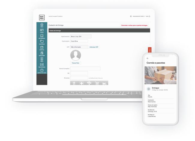 Computador exibindo o painel da portaria e celular exibindo a tela de entrega de encomenda no aplicativo para condomínios